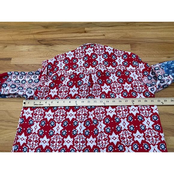 John Mark Women's M Red Button Up Rayon Tunic Shirt Floral Tie Sleeve Bohemian - Picture 6 of 9